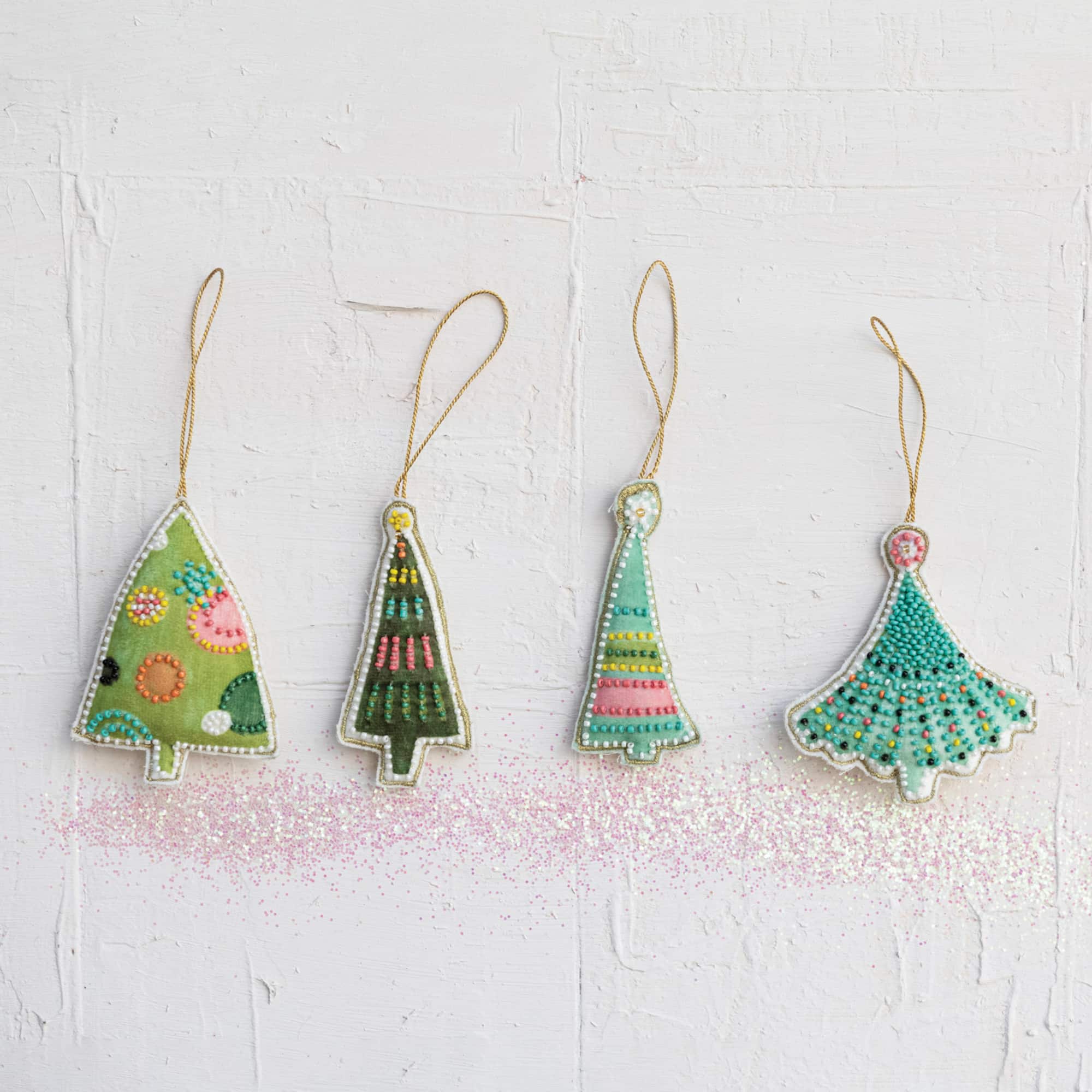 Hello Honey® 4 Pack Bead Embroidered Christmas Tree Cotton Velvet Ornaments